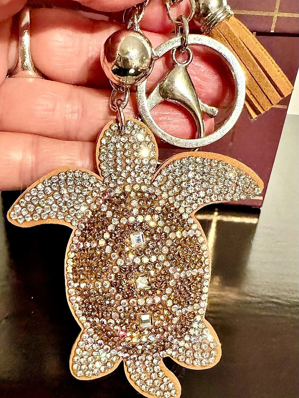 Rhinestone Turtle bag charm Keychain in Gold & Tan